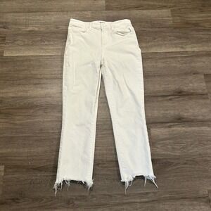 PAIGE Cindy Crop High Rise Straight Leg Jeans Crisp White Destroyed Hem 29